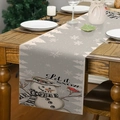 Linen Christmas table runner with snowman and red bird print for festive dining decor - Off-White Snowman Red Bird Let it Snow (Style 15)