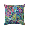 Close-up of bohemian linen pillowcase with colorful paisley mandala and floral print details - 45x45