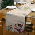 Linen Christmas table runner with snowman and pine branch on wooden dining table - Winter Snow Scene Hat Snowman (Style 19)