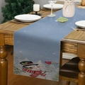 Christmas snowman and red bird linen table runner on a wooden table in light blue - Light Blue Hat Snowman Red Bird (Style 14)