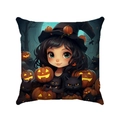 Dettaglio della federa per cuscino di Halloween con ragazza strega e zucche luminose - Stile Ragazza Strega e Gatto Nero (Stile-3)