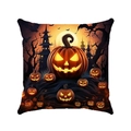 Detail of square Halloween cushion cover with glowing pumpkin and gothic castle print - Glowing Pumpkin Castle Style (Style-5)