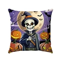 Square Halloween pillowcase with cartoon skeleton and orange pumpkins on purple background - Wizard Hat Skeleton and Bats Style (Style-7)