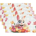 Set of four woven Easter placemats with cartoon bunny and vibrant tulip flower pattern - 3D Cartoon Tulip Bunny (款式-3)