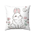 Linnen Pasen kussensloop met schattig konijnmotief en bloemen op witte achtergrond - Stijl-8 (Konijn Met Hart)