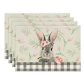Close-up of four Easter linen placemats with floral rabbit motif and gingham border - Tulip Wreath Rabbit (Style-7)