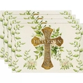 Four-piece Easter place mat set with gold cross and Matthew 28:6 Bible verse print - Religious Cross Scripture (Style 9)