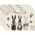 Set of 4 Easter placemats featuring textured gray bunny prints and Happy Easter text - Hand-Painted Style Three Rabbits (Style-10)