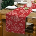 Red linen Christmas table runner featuring large white snowflakes for festive dining decor - Pure Red with Big White Snowflakes (Style 20)