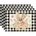Set of 4 Easter placemats with buffalo plaid borders and watercolor rabbit floral patterns - Black and White Checkered Bunny with Pink Flower (Style 14)
