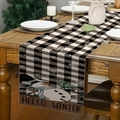 Winter snowman and black white buffalo check linen table runner for Christmas dining decor - Black White Plaid Snowman HELLO WINTER (Style 21)