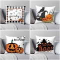 Detailed four-pack of Halloween pillow covers with pumpkin, bat and ghost prints on a sofa - Plaid Pumpkin Style (Style-9)