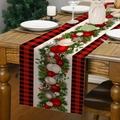 Christmas linen table runner featuring red buffalo plaid and festive pinecone prints - Red Black Plaid Pine Branch and Ornaments (Style 22)