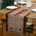 Linen Christmas table runner with gnomes, red buffalo plaid, and Merry Christmas text - Wood Texture Base Gnomes (Style 24)