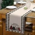 Linen Christmas table runner with buffalo plaid edges and Merry Christmas tree print - Beige with Black White Plaid Christmas Tree (Style 25)