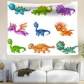 Dettaglio di un arazzo con dinosauri colorati in un ambiente da soggiorno moderno - 100x70cm