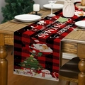 Linen Christmas table runner with red and black buffalo plaid and Santa Claus prints - Red Black Plaid Santa and Snowman (Style 26)