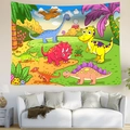 Dettaglio di un arazzo colorato con dinosauri su una parete di un soggiorno moderno - 100x70cm / Stile Mondo dei Dinosauri Preistorici