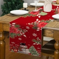Christmas linen table runner featuring red poinsettia and cartoon snowman pattern - Pure Red Poinsettia and Cartoon Snowman (Style 27)