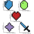 Set aus Filz-Aufklebern im Pixel-Art-Stil mit Schild- und Herzsymbolen für Partys - Edelstein- und Waffenkollektion