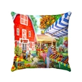 Detail eines quadratischen Kissenbezugs mit farbenfroher Bauernmarkt-Illustration und Scheune - 45x45