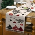 Linen Christmas table runner with red black plaid trees and Merry Christmas text - White with Red Black Plaid Tree and Ball (Style 13)
