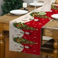 Christmas table runner with snowman and festive tree on a rustic wooden dining table - Red White Patchwork Snowman Tree (Style 11)