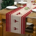 Linen Christmas table runner with red reindeer and snowflake patterns for holiday decor - Red Beige Red Black Plaid Reindeer (Style 12)