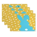 Detail von vier Leinen-Oster-Platzsets mit gelben Punkten und blauen Kaninchen-Silhouetten - Hellgelbe Punkte und blauer Hase (Stil-4)