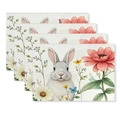 Oster-Tischsets 4er-Set aus Leinen mit Aquarell-Hasen- und Blumenmuster-Dekor - Aquarell Weißes Kaninchen und Rosa Blume (Stil-7)