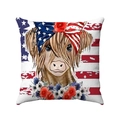 Detail of linen pillow cover with Highland cow wearing US flag bandana and red floral wreath - 45*45mm / Style 7