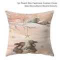 Winter snow scene peach skin pillowcase with brown rabbits and star ornaments 45x45cm - Style-40 (Winter Rabbit and Church)