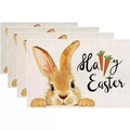 Set of 4 Happy Easter placemats with rabbit and carrot patterns in linen texture - Hand-Painted Rabbit and Carrot (Style 11)