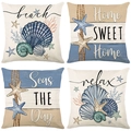 Vierteiliges Set Leinen-Kissenbezüge mit nautischen Motiven wie Seesternen und Muscheln - Marine Küsten 4-Teiliges Set (Stil-1)
