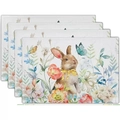 Set of 4 Easter placemats featuring watercolor brown rabbit and floral garden motifs - Watercolor Brown Rabbit Floral Butterfly (Style-12)