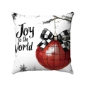 Detail of Joy to the World print on Christmas pillowcase with red ornament and pine branch - Christmas Ball and Bow Style (款式-4) / 45x45
