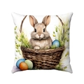 Detail of Easter pillow cover featuring a watercolor bunny and eggs in a woven basket - Brown Sitting Rabbit in Basket (Style-10)