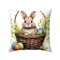 Oster-Kissenbezug-Set mit Hasenmotiv im Korb und bunten Eiern auf weißem Hintergrund - Brauner sitzender Hase im Korb (Stil-10)