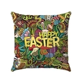 Detail des Happy Easter Leinenkissenbezugs mit bunten Eiern und Hasenmotiven - Ostern Stil