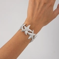 Open silver starfish cuff bracelet featuring a textured hammered metal finish for women - Silver-Multiple Starfish Style (02872)