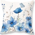 Linnen kussensloop met blauwe aquarel bloemen- en vlinderprint voor bank decor - Blauwe Aquarel Bloem Vlinder Stijl (款式-3)