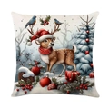 Linen Christmas pillowcase featuring a cute reindeer with a red scarf and snowy scene - Reindeer Style (款式-1)