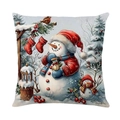 Detailed view of linen Christmas pillowcase featuring snowman and berry illustration - Snowman Stocking Style (款式-4)