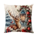 Detail of linen pillowcase with Christmas reindeer, festive lantern, and berry print - Gift Reindeer Style (款式-9)