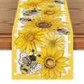 Linen table runner with bright sunflower and bumblebee patterns on a wooden table - Sunflower Bee