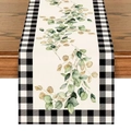 Linen table runner with eucalyptus leaves and black-white buffalo check border design - Checkered Eucalyptus