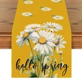 Close-up of linen table runner with white daisies and Hello Spring text on yellow fabric - Hello Spring Daisy