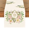 Close-up of linen table runner with floral patterns and gold Star of David for Passover - Passover Star of David