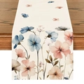 Close-up of linen table runner with blue and pink watercolor floral patterns - Watercolor Pink Blue Floral
