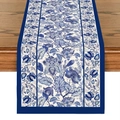 Blue and white porcelain style linen table runner with floral pattern on dark wood surface - Blue and White Porcelain Style